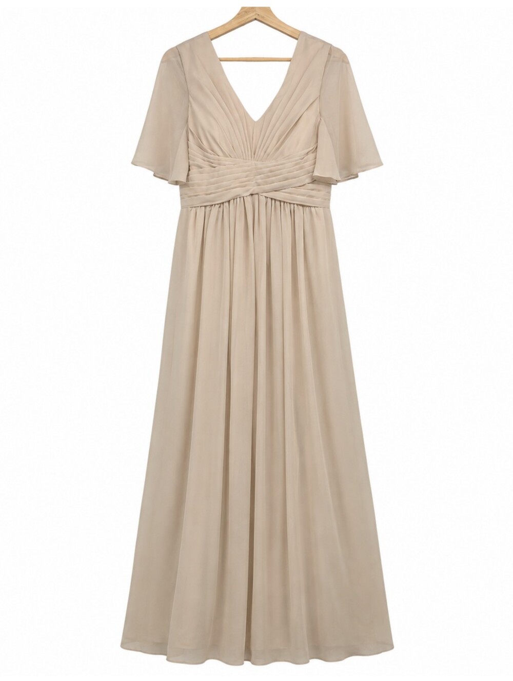 Lavetir Nude Beige Pleated Flutter Sleeve Formal Gown Side Slit Pockets NWT - Picture 2 of 16